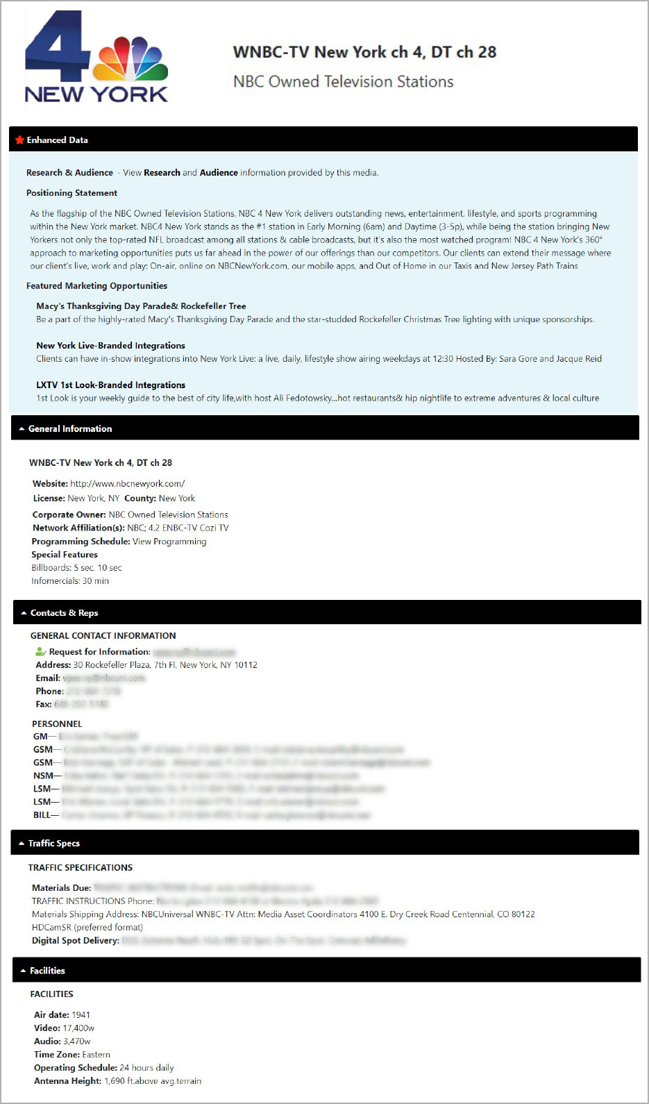 TVCable Image of TV & Cable information page with some information burred out