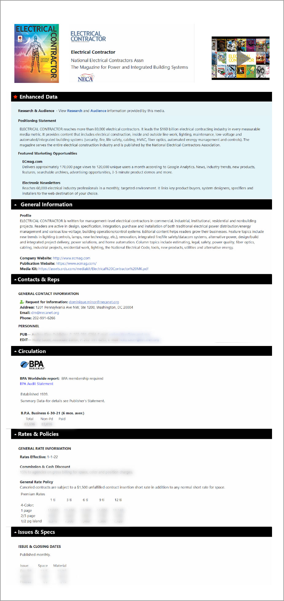 business-publication-advertising Example of a business publication media buying listing in the SRDS database.