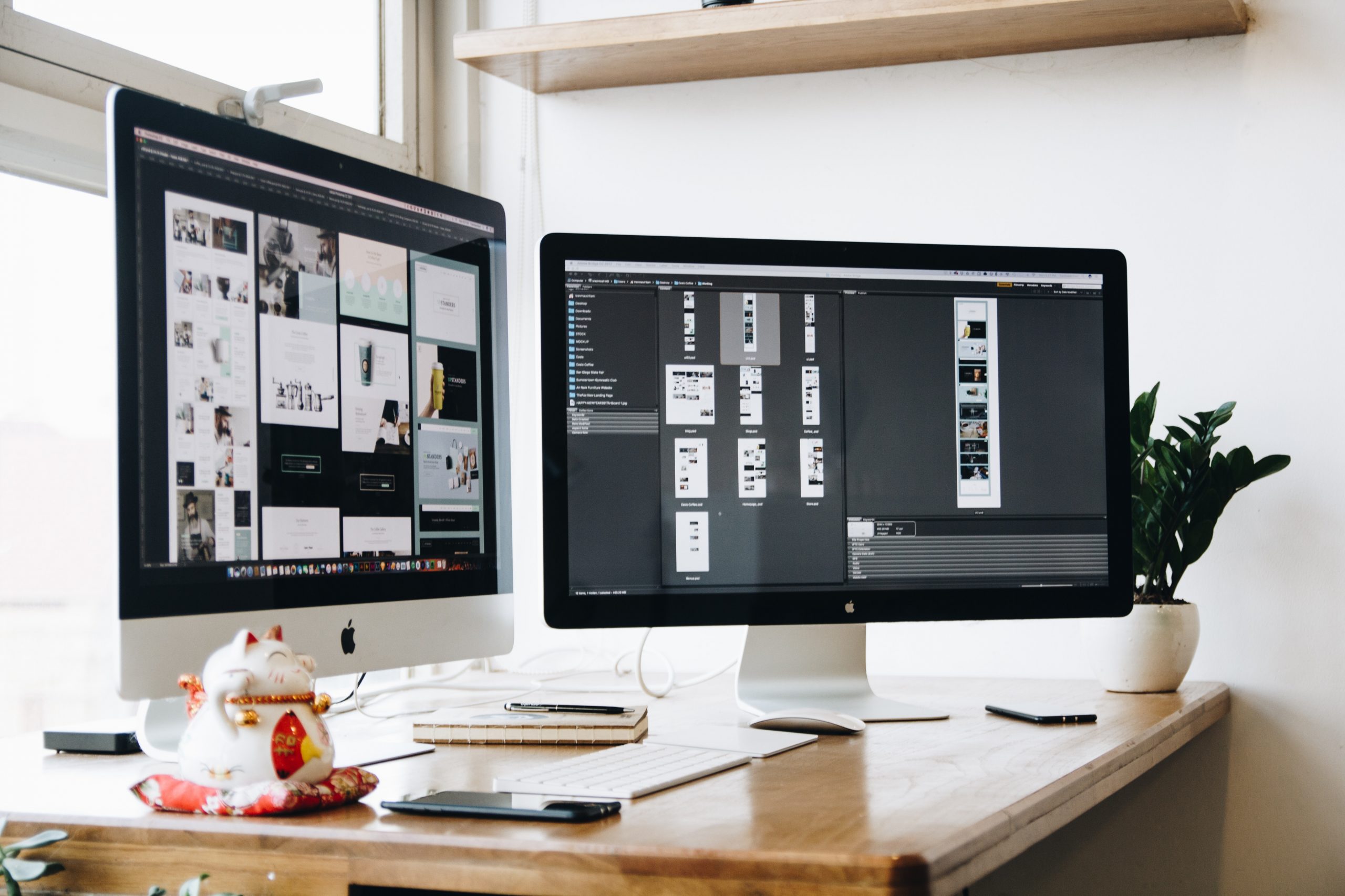 A desktop setup showing a work station for print media production.