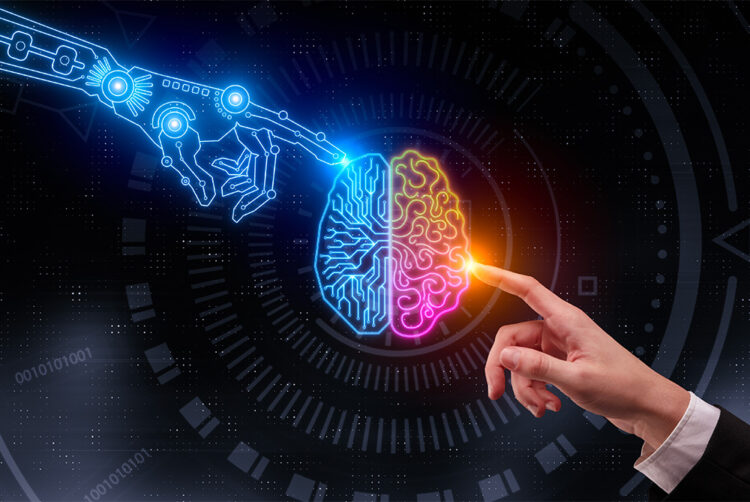 Why we need artificial intelligence to save humanity illustration of robot hand and human hand touching a half robotic and half human brain artificial intelligence concept